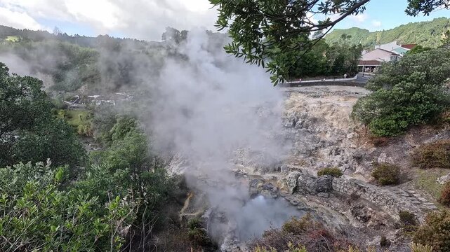 Geothermal fumaroles and steaming vents in Furnas Valley on Sao Miguel Island, Azores, Portugal