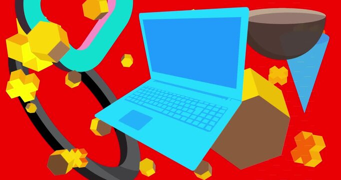 Notebook, laptop geometrical graphic retro theme background. Minimal geometric elements. Vintage abstract shapes vector illustration.