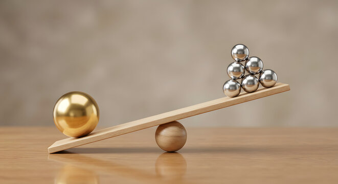 large gold sphere balancing on wooden seesaw against group of small silver spheres for business leadership competition quality over quantity and market advantage concept