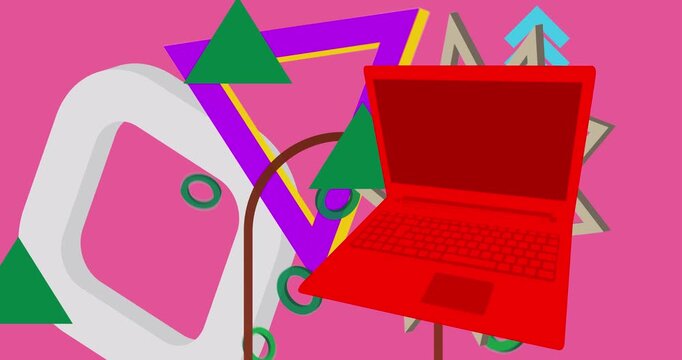 Notebook, laptop geometrical graphic retro theme background. Minimal geometric elements. Vintage abstract shapes vector illustration.