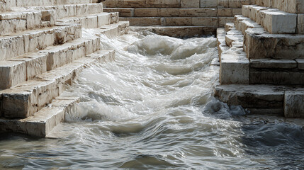 Water flowing powerfully down a stone staircase, creating a dynamic and textured scene