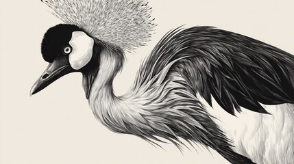 Fototapeta premium Elegant Black and White Illustration of a Crane with Feather Crown