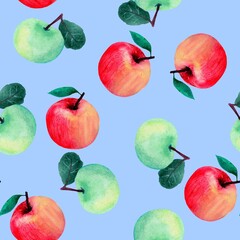 Seamless pattern made in watercolor technique with the image of green and pink apples. For coloring wrapping paper, fabrics, wallpaper and much more.
