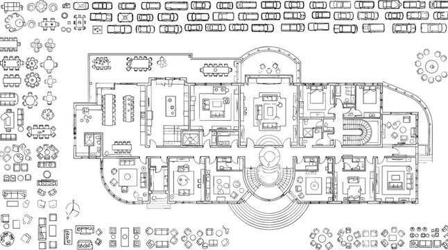 Architectural estate floor plan vector with a massive library of furniture blocks and vehicle types for site planning.