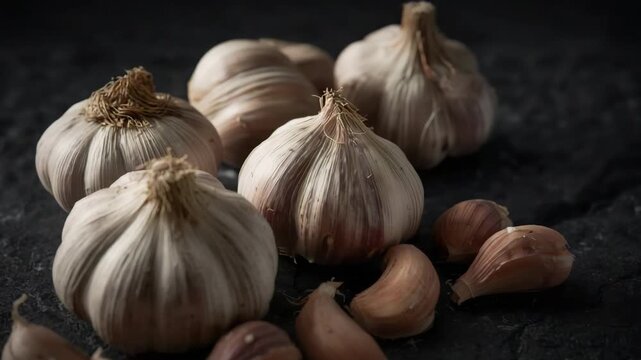 Roasted garlic bulb and peeled clove on dark textured surface warm moody still life kitchen aromatic