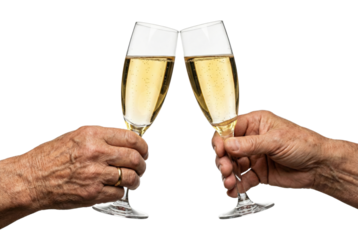 Hands of senior couple toasting with champagne glasses. Anniversary celebration.