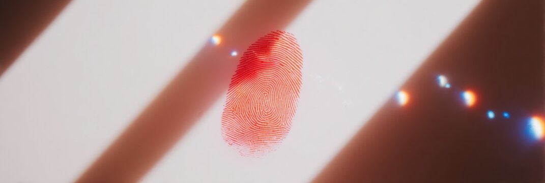 Digital fingerprint scanning interface performing biometric verification on a tech screen for cybersecurity app with glowing data points and red accents - Powered by Adobe
