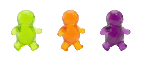Three colorful gummy bear characters walking in a line. Sweet candy mascots.