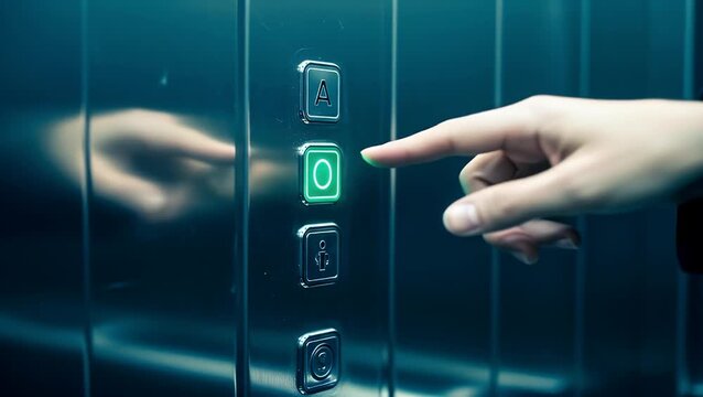 Hand presses glowing elevator button business concept