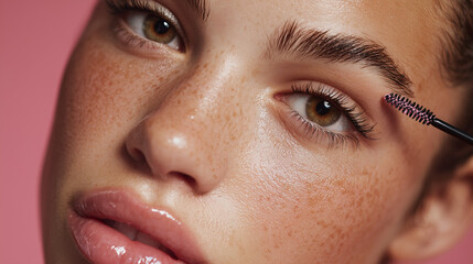 Young woman applying mascara with brush on pink background  