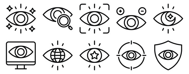 Vision visibility icon set line style illustrating sight clarity awareness perception and visual focus concept.