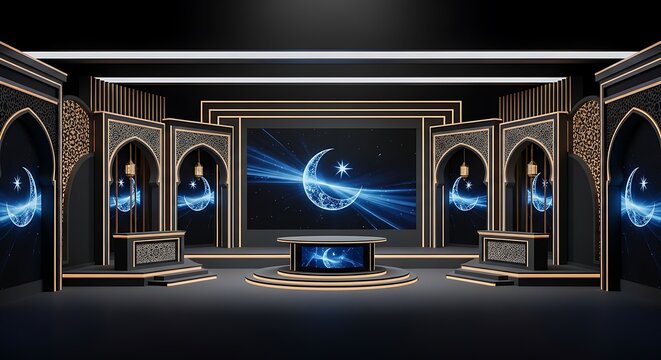 Modern 3D virtual studio set for Islamic news or Ramadan broadcast with blue crescent moon screen and golden arches