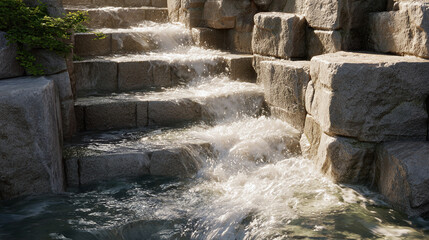 A cascading waterfall flowing down stone steps, creating a mesmerizing display of nature's beauty