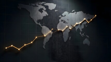 Glowing line graph depicting global economic growth and trends over a world map