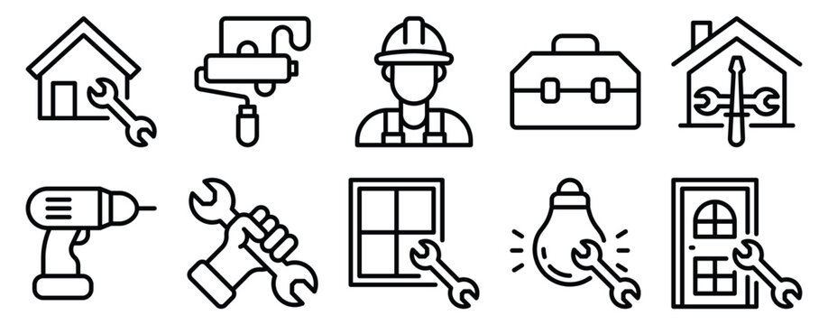Home repair icon set line style representing household maintenance fixing renovation and professional home service concept.