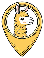 Fototapeta premium Cute cartoon llama head inside a yellow location pin marker icon