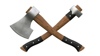 Two crossed axes with wooden handles and metal blades on a white background