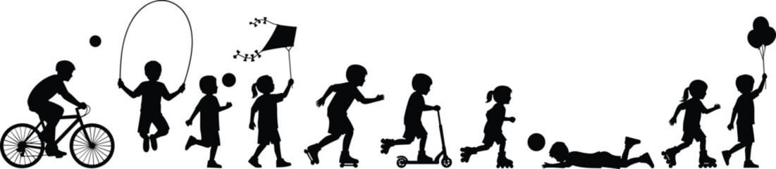 Obraz premium Black and white children silhouettes playing outdoor activities, bicycle kite scooter and running kids, minimalist summer sports recreation icons on white.