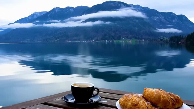 Warm Coffee and Croissants on a Wooden Table by a Peaceful Lake Surrounded by Mountains. Seamless looping 4k video background 