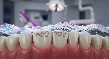 Dental hygiene concept showing damaged teeth with brown stains being cleaned by water wave in dentist clinic background
