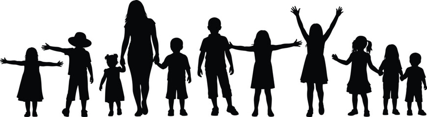 Black and white silhouette illustration of diverse children and adults in dynamic poses horizontal group isolated on white background, community,