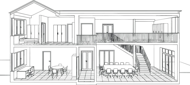 Detailed two-story architectural building section vector featuring a grand conference room, private offices, and a central staircase.