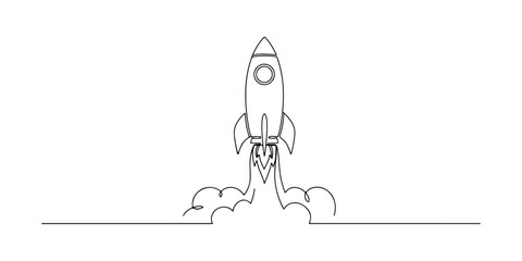 Continuous one line of a startup rocket launch, symbolizing entrepreneurship, ambition, and growth, drawn vector illustration. © Outline Studio