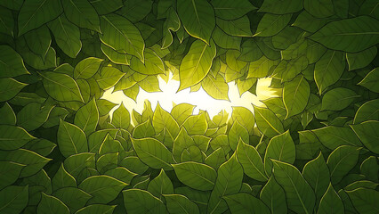 Sunlight filtering through dense green leaves, creating a bright glow, nature background, stock media
