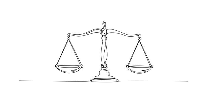 Continuous one line of a balance scale, symbolizing fairness, justice, and business ethics, drawn vector illustration.