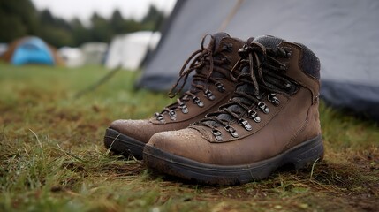 Brown leather hiking boots with water droplets sit on wet grass at a campsite