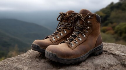 A pair of sturdy weathered brown leather hiking boots sit on a rocky outcrop with a serene misty mountain landscape stretching into the distance