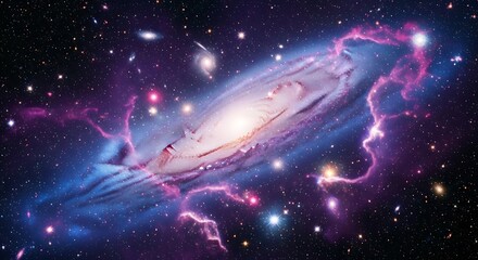 A vibrant galaxy is captured from space with swirling stars and lightning.