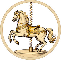 Vintage cream carousel horse jumping with gold ornate saddle harness and spiraled pole in gold circular frame © Gian