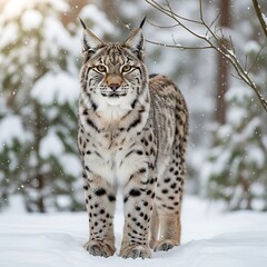 Obraz premium A majestic lynx standing in a serene snowy forest, gazing directly at the viewer with piercing eyes, surrounded by snow-covered trees and a tranquil winter landscape.