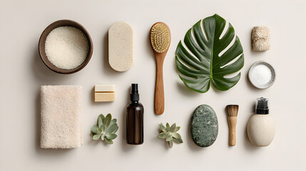 A collection of eco-friendly bathroom essentials and natural skincare products on a clean surface