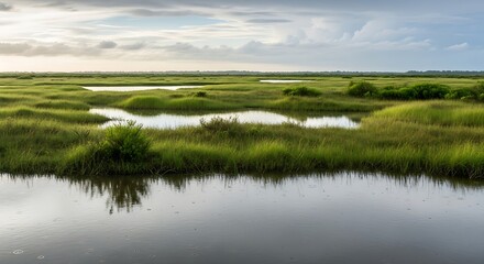 Vast marshland landscape with calm water reflecting the sky and grassy islands under a cloudy sky
