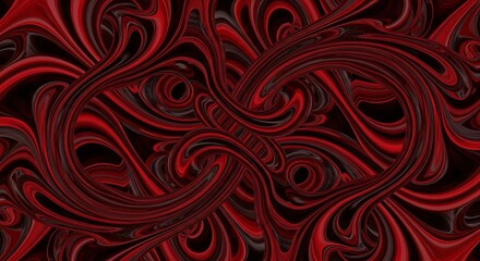 Intricate red swirling patterns on black background illustration, showcasing dynamic abstract design