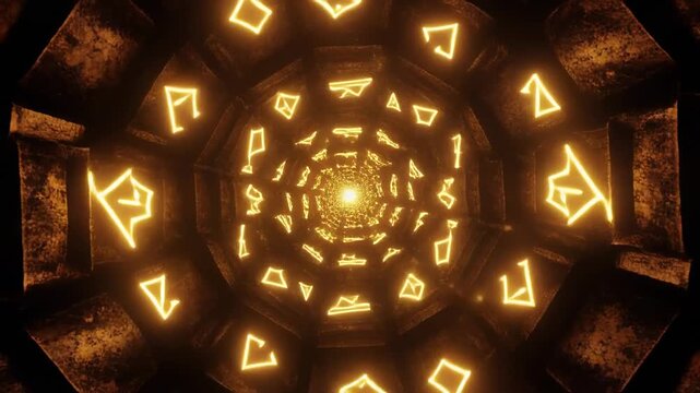 Glowing Golden Geometric Shapes in a Tunnel.