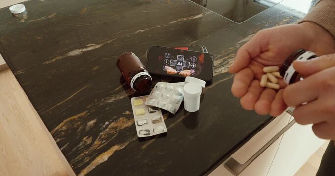 A person holds medication while consulting an AI interface on a smartphone. Concept of artificial intelligence as a medical advisor, digital health guidance, patient self-management