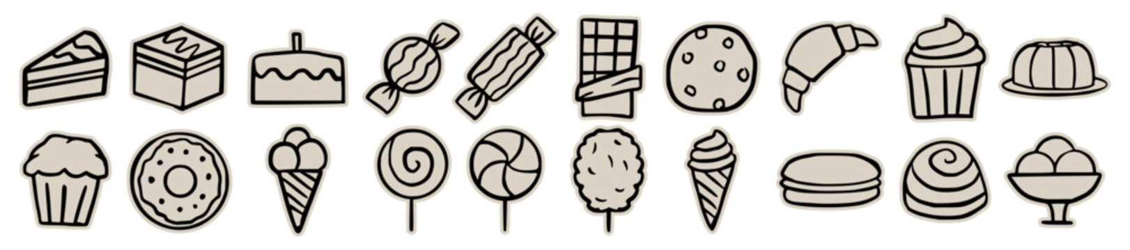 Sweet dessert and candy scrapbook sticker set, hand drawn doodle food icon collection: cake, ice cream, donut, chocolate, and cookie collage for bakery menu, cafe, pastry, sweet, sugar