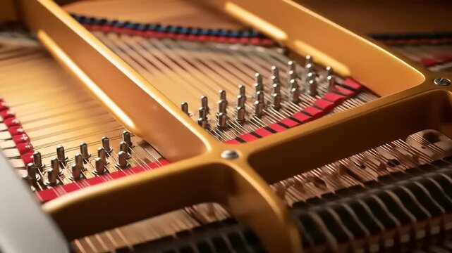Close-up view of piano strings and hammers inside a grand piano, showcasing intricate mechanics and craftsmanship