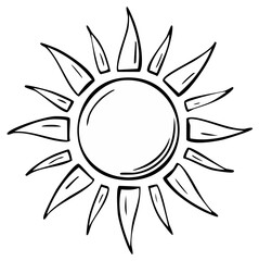 Hand drawn black outline sun icon illustration perfect for summer, warmth, and sunny weather designs