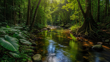 Obraz premium A winding river in a tropical jungle surrounded by dense trees and fresh green foliage.
