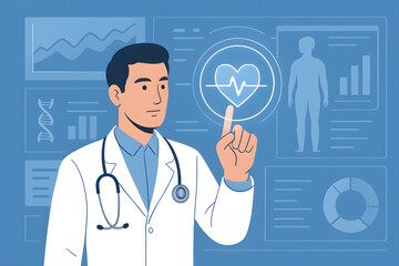 A doctor in white coat with stethoscope interacts with digital icon of heart rate on touch screen, symbolizing health technology advancements in medical care and health