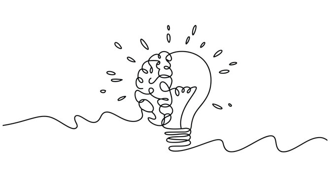 abstract line art brain and lightbulb symbolizing creativity and innovation, idea thinking process, inspiration, intelligence, minimal conceptual design.
