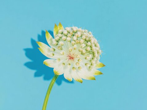 Astrantia Major flower in bloom featuring intricate star shaped bracts and center, isolated on blue background with copy space for botanical study or gardening education