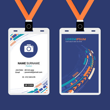 Futuristic blue corporate badge template featuring geometric tech lines and data flow design