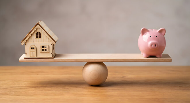 detailed wooden house model and pink piggy bank balanced on a wooden seesaw scale representing real estate savings property investment mortgage planning and home ownership budget