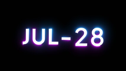 July 28 calendar date number illustration. Neon calendar number on black background.