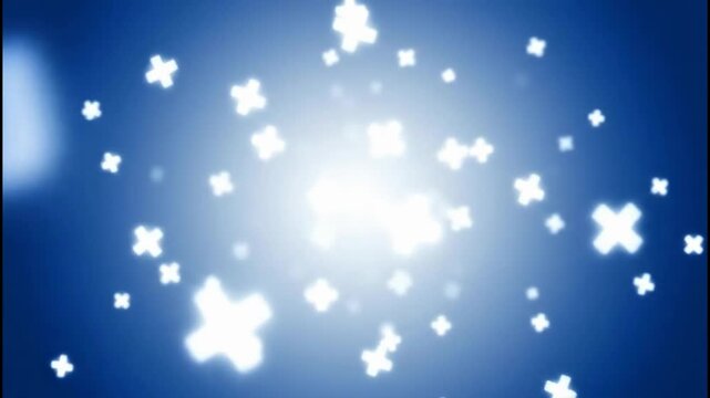 Abstract Blue Background With Glowing White Plus Signs Floating And Moving Towards Bright Light Source With Gentle Grain Effect